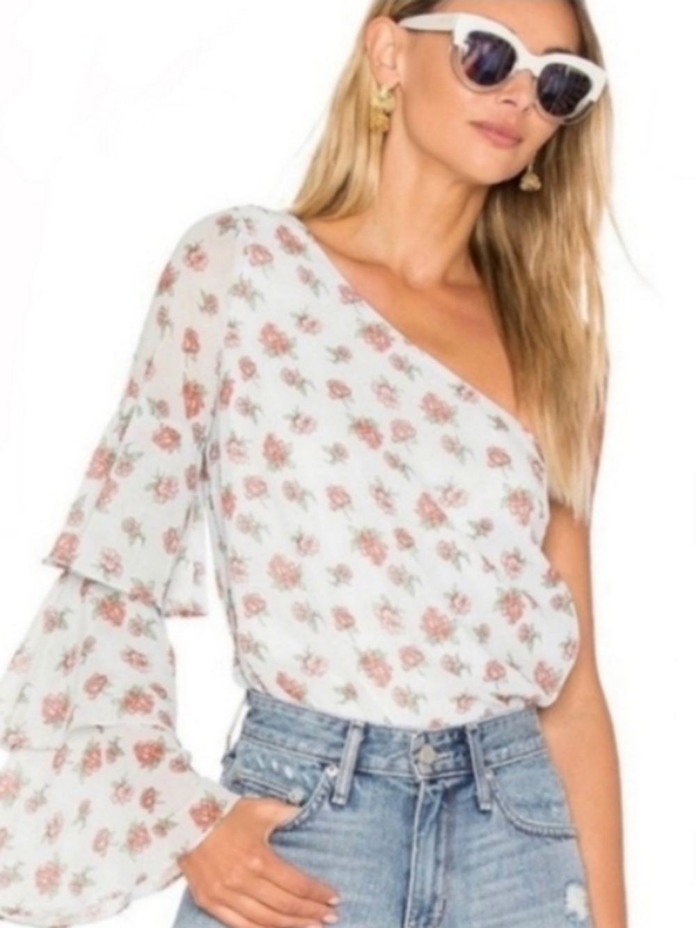Lovers + Friends One-Shoulder White Floral Ruffle Sleeve Top